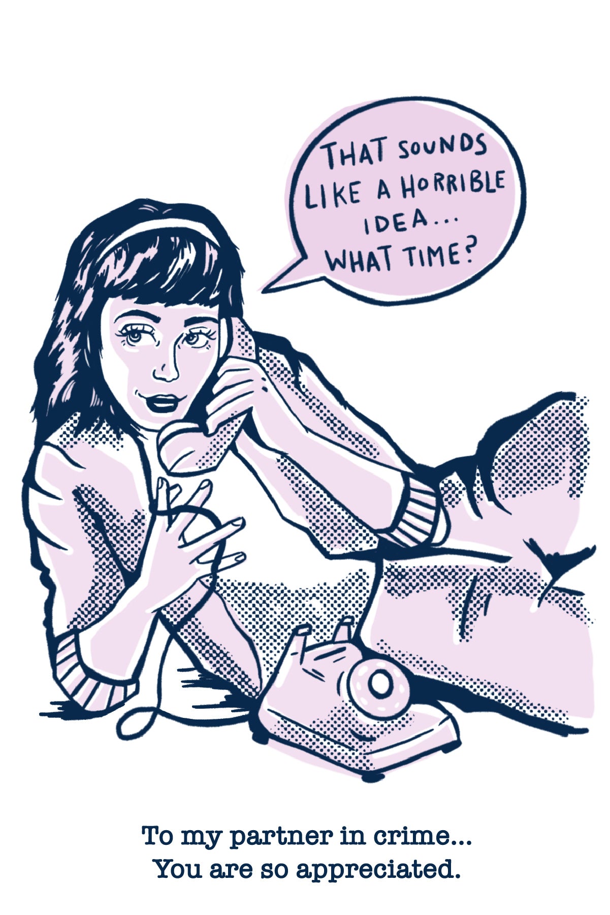 Illustrated greeting card featuring a woman lounging with a retro design and the words “Partner in Crime”