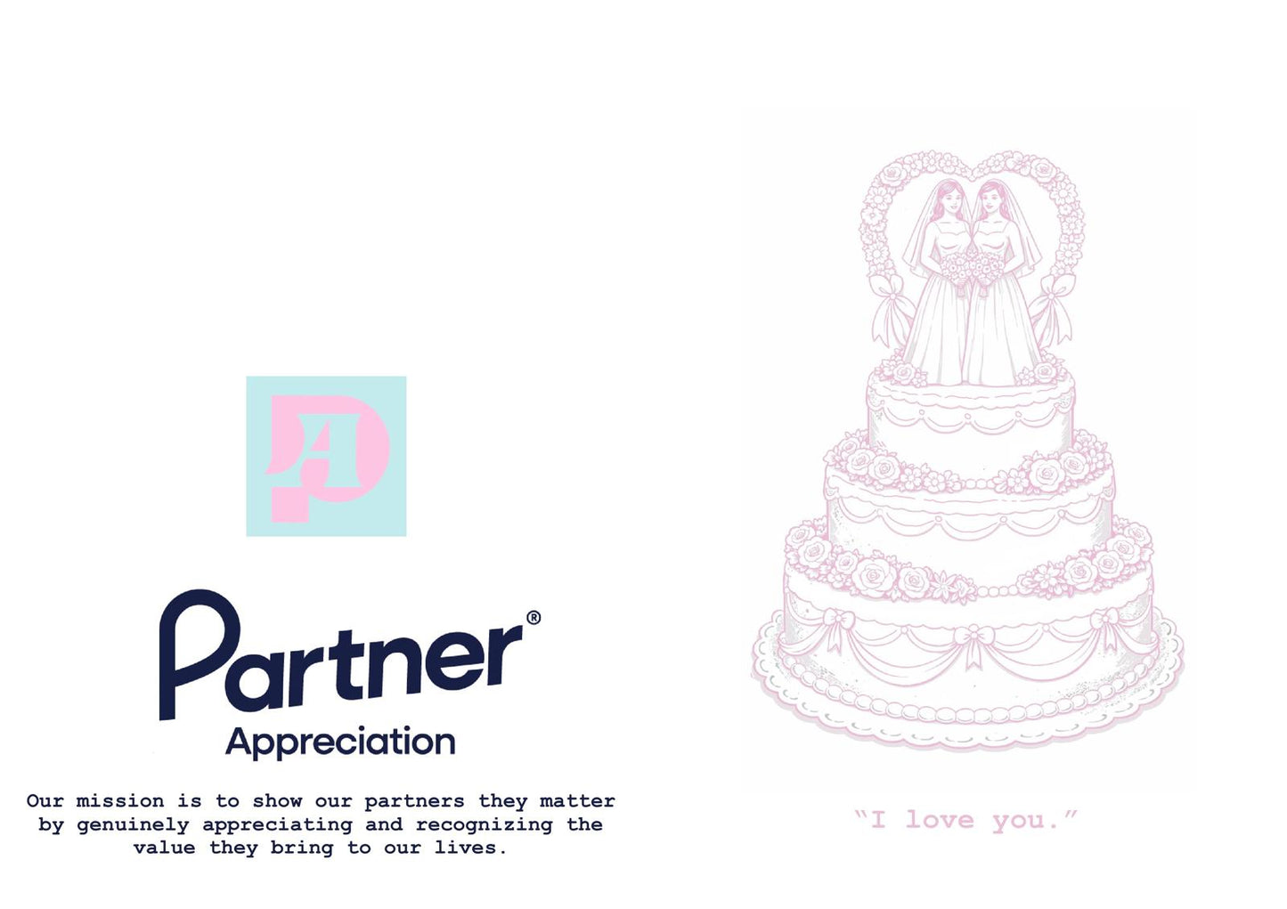 Retro-inspired wedding card featuring an illustrated cake topper with a same-sex couple and “I love you” sentiment