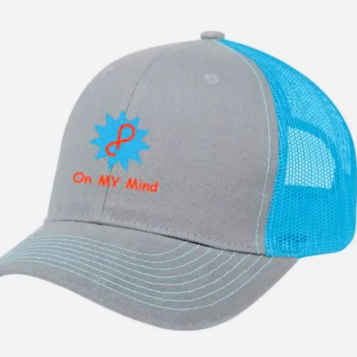 Gray and blue trucker hat with a retro “On My Mind” graphic on the front and mesh back