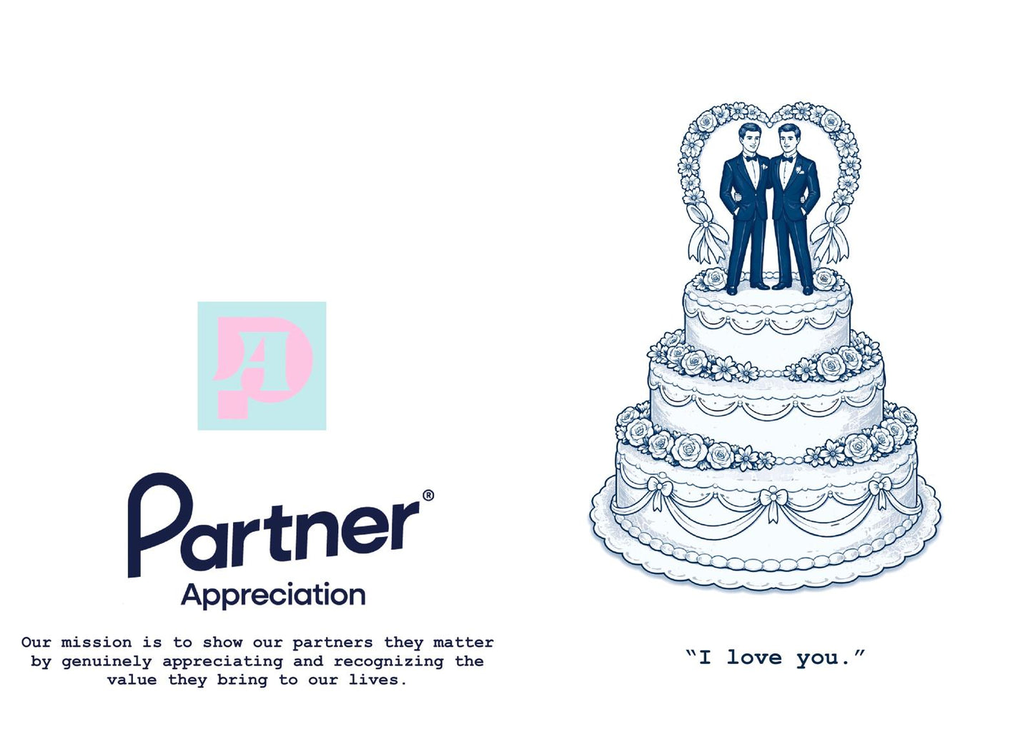 Retro-inspired wedding card featuring an illustrated cake topper with a same-sex couple and “I love you” sentiment
